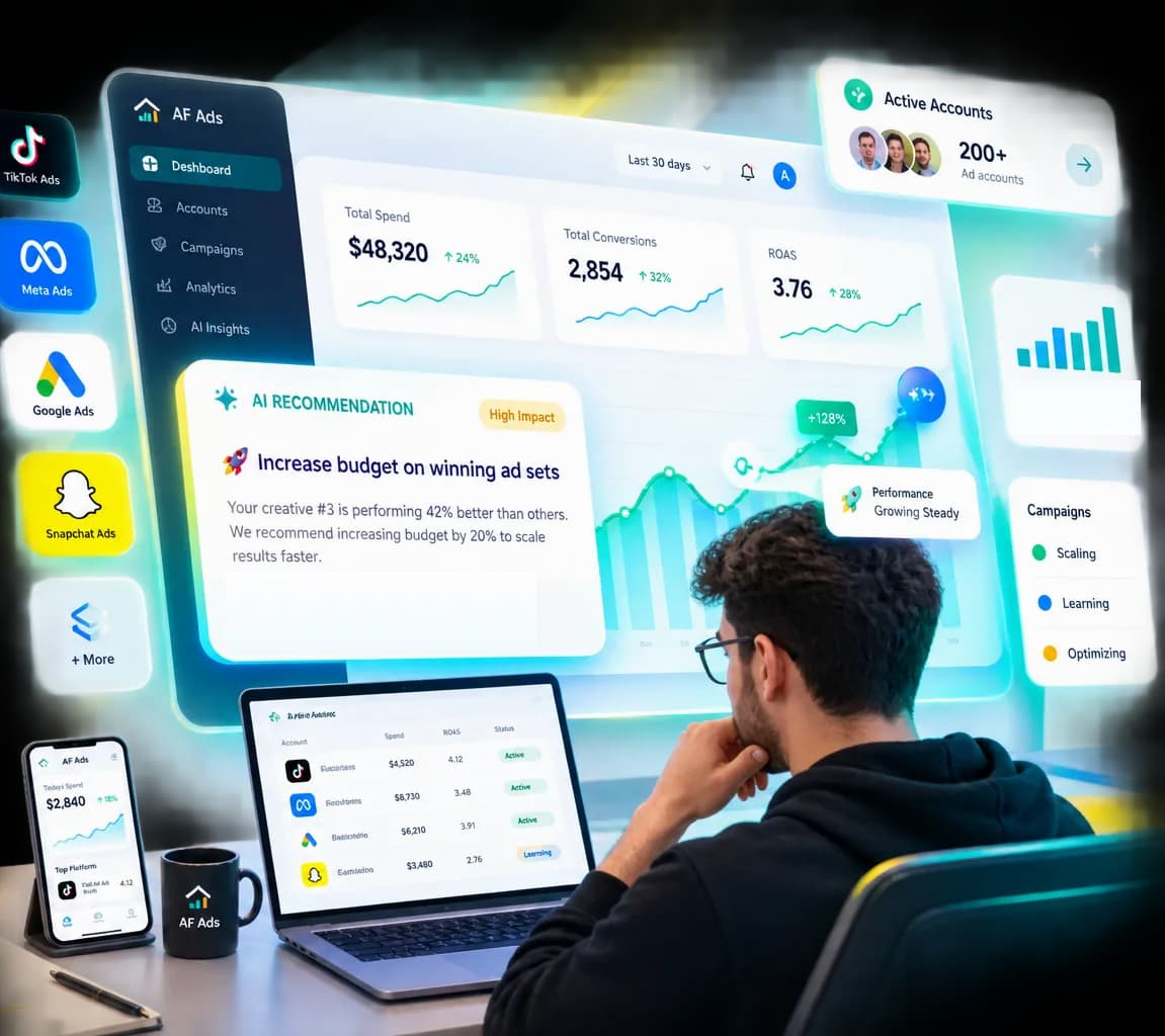 AF Ads agency advertising dashboard showing an AI campaign recommendation alongside spend, conversions and return on ad spend reporting across TikTok, Meta, Google and Snapchat accounts.